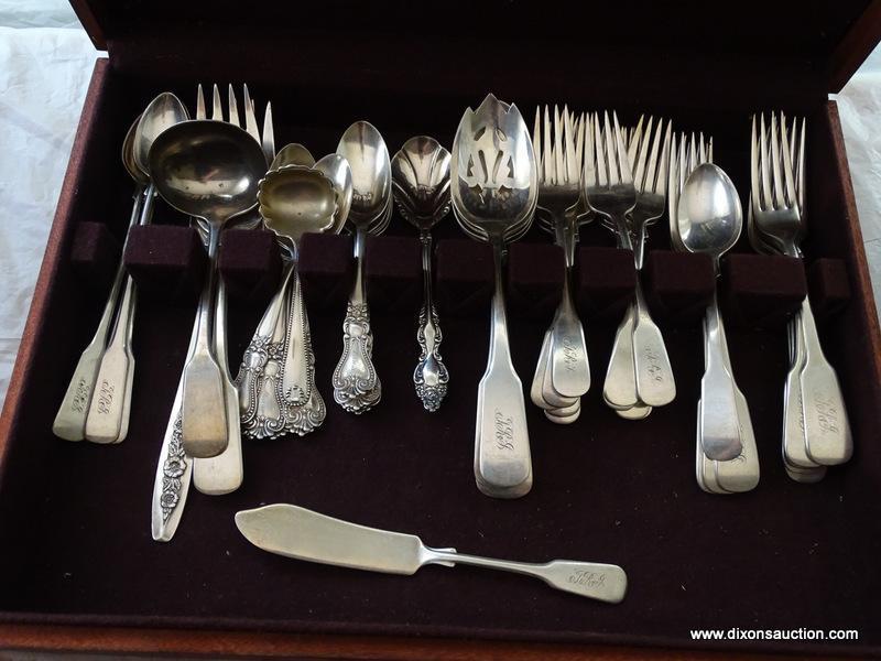 (DR) WOODEN FLATWARE BOX AND CONTENTS; TOTAL OF 68 PIECES SUCH AS 8 BUTTER KNIVES, 5 STERLING