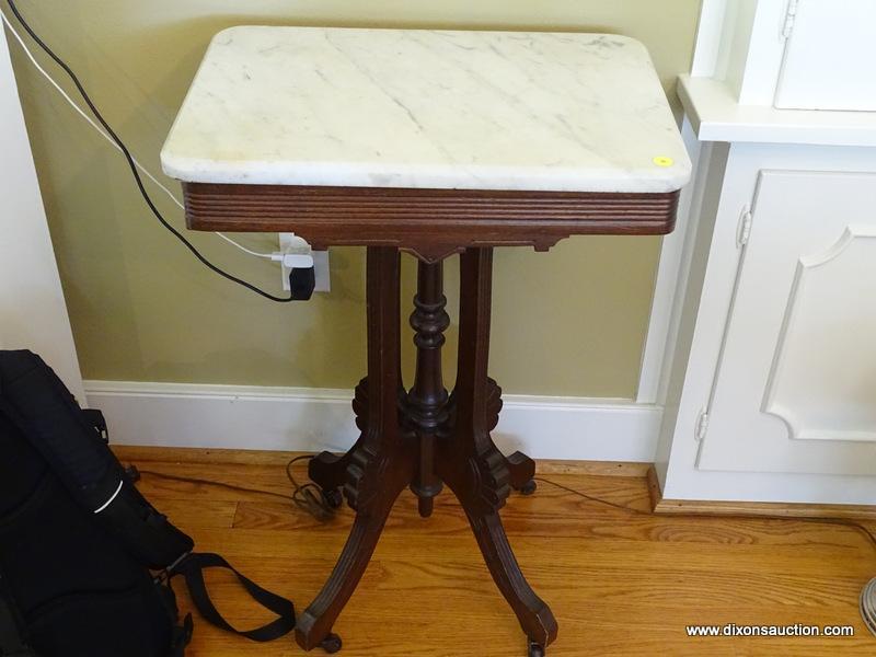 (DR) ANTIQUE MARBLE TOP VICTORIAN OCCASIONAL TABLE; RECTANGULAR WHITE MARBLE TOP WITH BEVELED EDGES