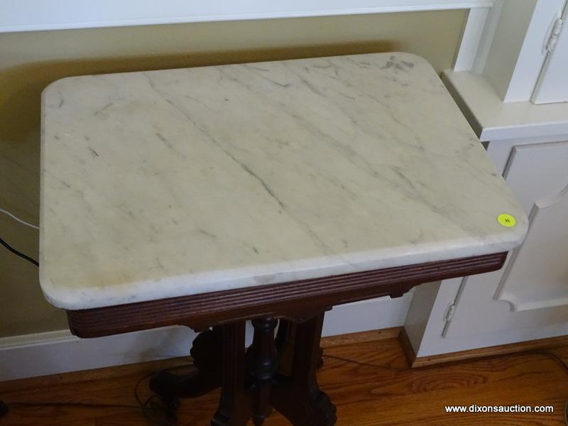 (DR) ANTIQUE MARBLE TOP VICTORIAN OCCASIONAL TABLE; RECTANGULAR WHITE MARBLE TOP WITH BEVELED EDGES