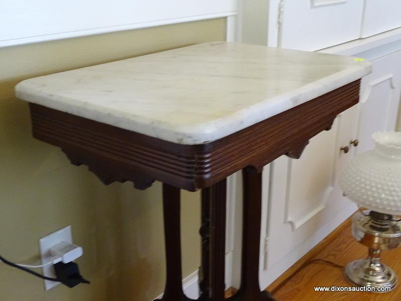 (DR) ANTIQUE MARBLE TOP VICTORIAN OCCASIONAL TABLE; RECTANGULAR WHITE MARBLE TOP WITH BEVELED EDGES