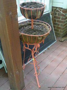 (OUT) BASKET PLANTER; 2 TIER METAL ORNAMENTAL BASKET PLANTER ON STAND- 15 IN DIA X 41 IN H