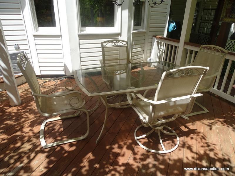 (OUT) PATIO TABLE AND CHAIRS; ALUMINUM AND GLASS TOP PATIO TABLE- 64 IN X 20 IN X 29 IN AND 4