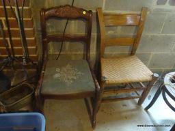 (BAS) CHAIRS; 2 ANTIQUE CHAIRS- PRIMITIVE PEGGED OAK MULE EARED CHAIR WITH WOVEN CANE BOTTOM- 20 IN