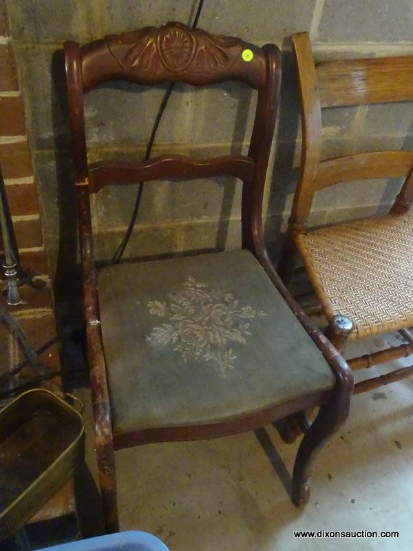 (BAS) CHAIRS; 2 ANTIQUE CHAIRS- PRIMITIVE PEGGED OAK MULE EARED CHAIR WITH WOVEN CANE BOTTOM- 20 IN