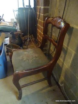 (BAS) CHAIRS; 2 ANTIQUE CHAIRS- PRIMITIVE PEGGED OAK MULE EARED CHAIR WITH WOVEN CANE BOTTOM- 20 IN