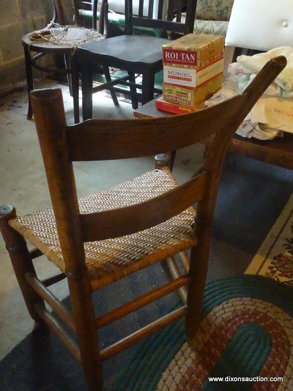 (BAS) CHAIRS; 2 ANTIQUE CHAIRS- PRIMITIVE PEGGED OAK MULE EARED CHAIR WITH WOVEN CANE BOTTOM- 20 IN