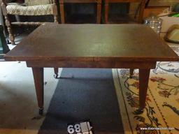 (BAS) TABLE; HANDMADE WOODEN COFFEE TABLE ON ROLLERS- 30 IN X 23 IN X 16 IN