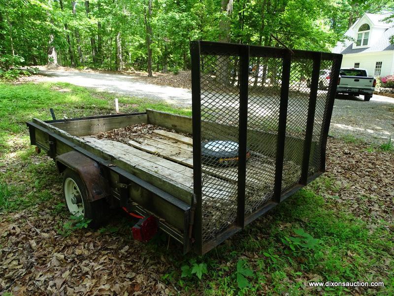 TRAILER; 8 FT UTILITY TRAILER- LIFT RAMP METAL MESH WIRE BASE WITH TREATED PINE FLOORING AND SIDES,