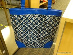 (R6B) VERA BRADLEY "EVERYTHING NICE" TOTE BAG; PATTERN IS BLUE LAGOON (ROYAL BLUE TRIM WITH NAVY