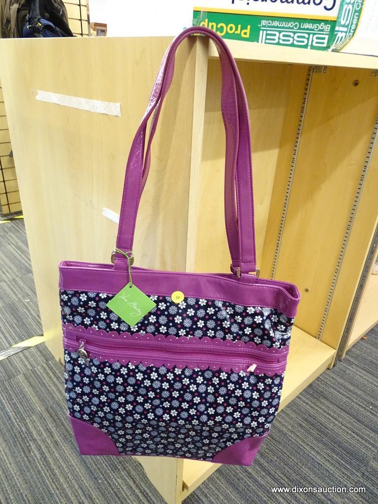 (R6B) VERA BRADLEY "EVERYTHING NICE" TOTE BAG; PATTERN IS BOYSENBERRY (MAGENTA TRIM WITH NAVY BLUE