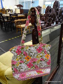 (R6B) VERA BRADLEY FLORAL TOTE; LIGHT GREY BACKGROUND WITH HOT PINK, ORANGE, WHITE, AND MAGENTA