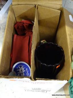 MYSTERY BOX LOT; INCLUDES WINE RED LINEN DINNER NAPKINS, SMALL ROSENTHAL BLUE AND WHITE PLATE, LARGE