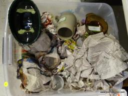MYSTERY TUB LOT; ITEMS INCLUDE BROWN FIRE KING GLASS DISH, BISON PATTERNED VINTAGE GLASSWARE, GREEN