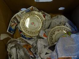 MYSTERY BOX LOT; INCLUDES ETCHED CRYSTAL GLASSES AND AMERICAN BEAUTY CHINA BY STETSON.