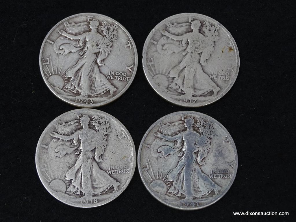 $2 FACE VALUE WALKING LIBERTY HALVES; 1943, 1917, 1941, 1918