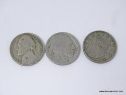 $3.45 FACE VALUE VARIOUS DATE JEFFERSON NICKELS, 2 BUFFALO NICKELS, AND 2 V-NICKELS (1883 AND 1902)