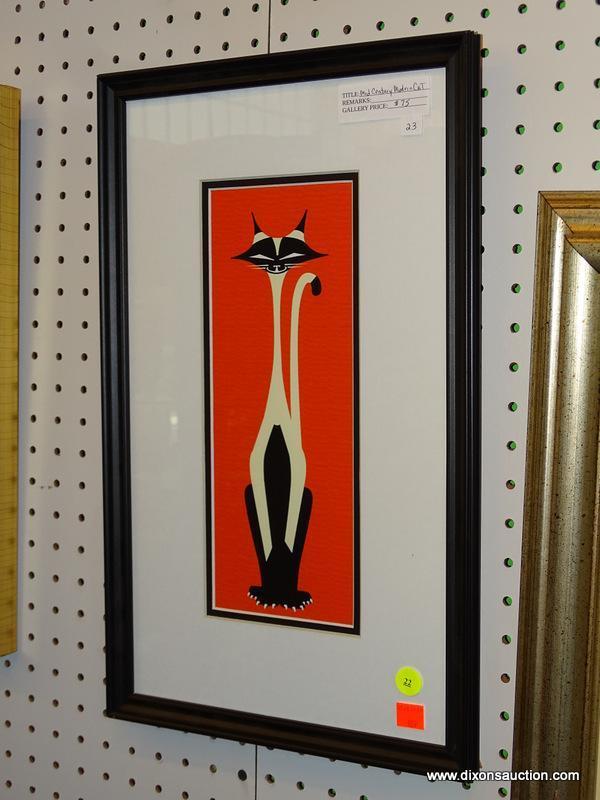 MID CENTURY MODERN CAT PRINT; THIS PRINT SHOWS A BLACK AND WHITE SIAMESE CAT ON AN ORANGE
