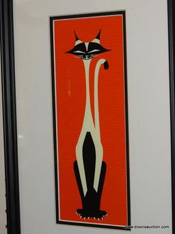 MID CENTURY MODERN CAT PRINT; THIS PRINT SHOWS A BLACK AND WHITE SIAMESE CAT ON AN ORANGE