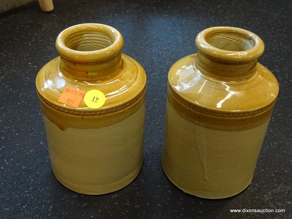 2 PIECE LOT; INCLUDES A PAIR OF TAN AND SALT GLAZED POTTERY JARS. BOTH ARE IN EXCELLENT CONDITION