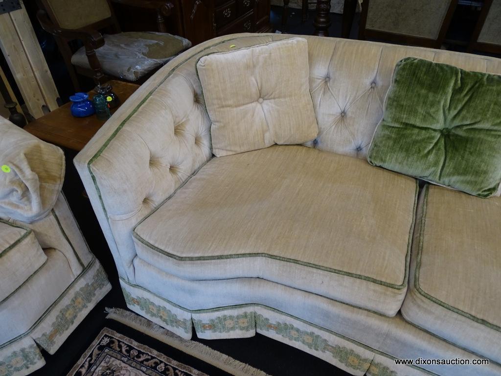 2 CUSHION LOVESEAT; MADE BY WATERS FURNITURE CO. IS CREAM IN COLOR WITH GREEN TRIM AND FLORAL