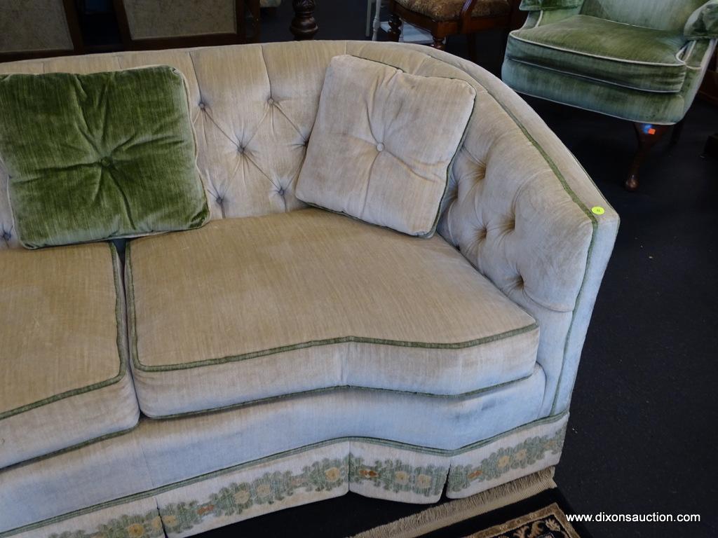 2 CUSHION LOVESEAT; MADE BY WATERS FURNITURE CO. IS CREAM IN COLOR WITH GREEN TRIM AND FLORAL