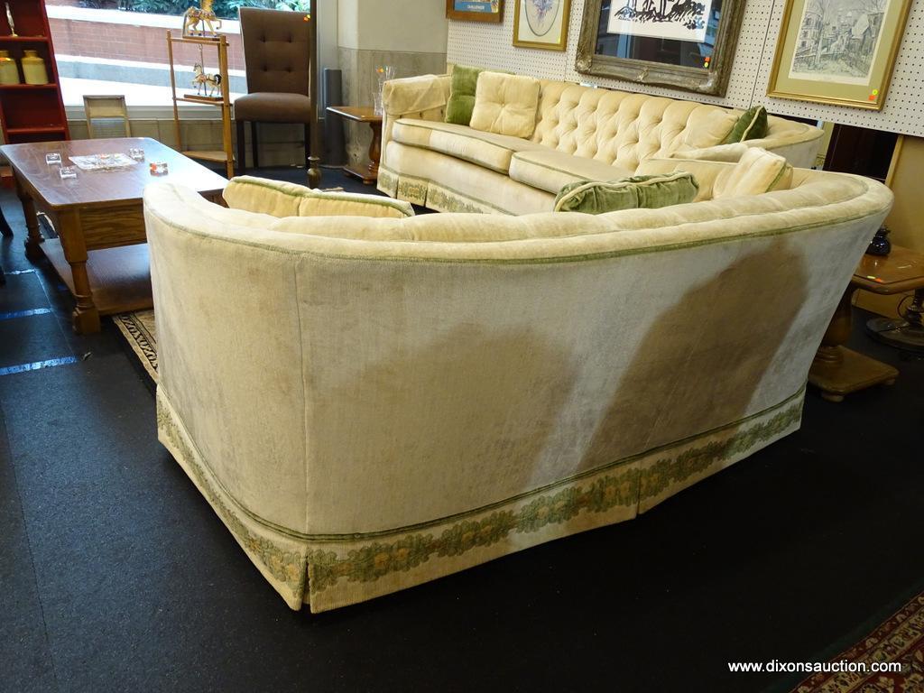 2 CUSHION LOVESEAT; MADE BY WATERS FURNITURE CO. IS CREAM IN COLOR WITH GREEN TRIM AND FLORAL