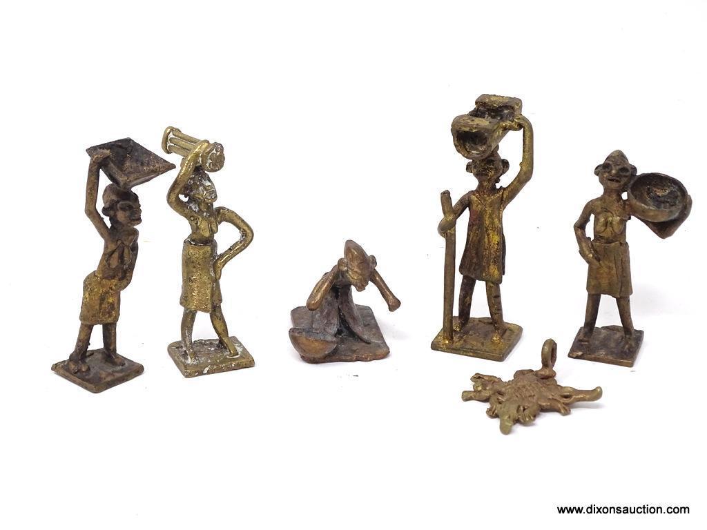 (SC) ASHANTI TRIBAL BRASS FIGURINES; TOTAL OF 6 PIECES. 1 OF A WOMAN CARRYING A BOWL ON HER HEAD, 1