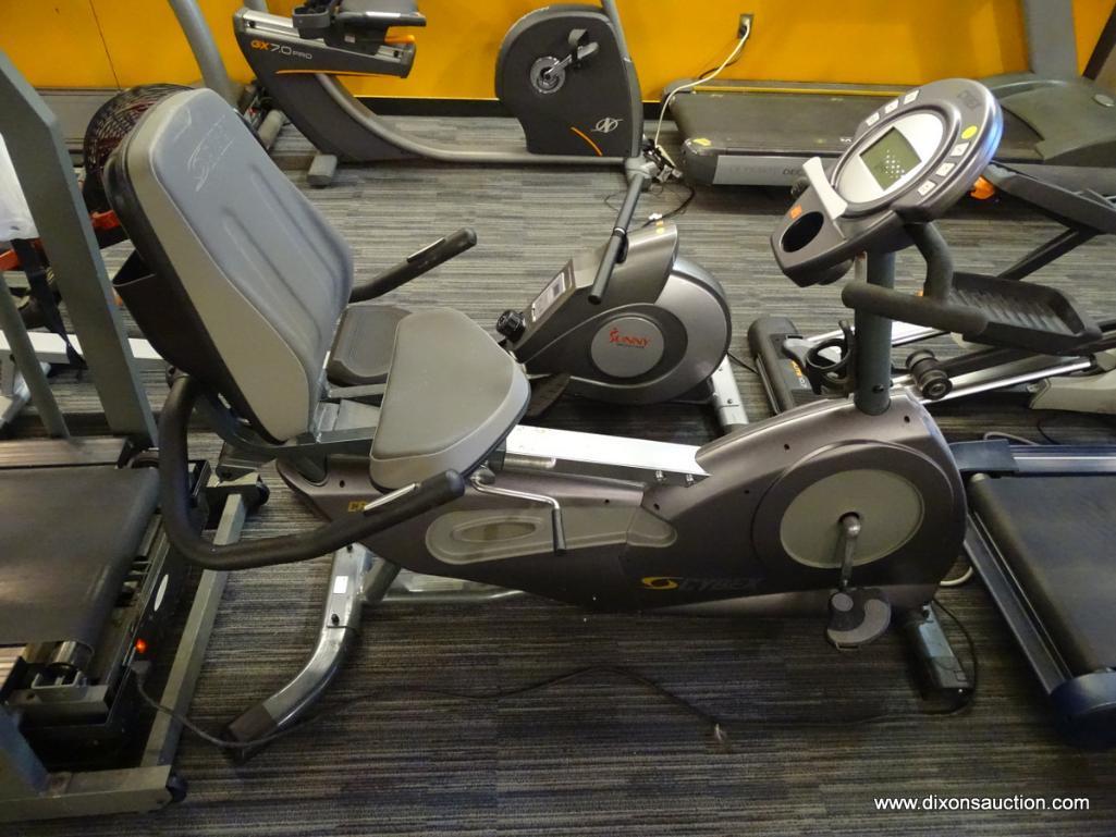 CYBEX CR 530 EXERCISE BIKE; FEATURES A GREY COLOUR SCHEME THROUGHOUT AND HAS BRAND MARKINGS