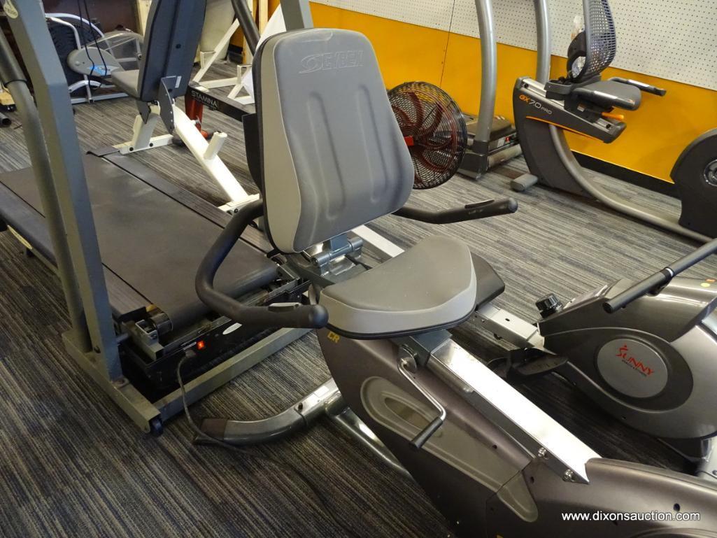 CYBEX CR 530 EXERCISE BIKE; FEATURES A GREY COLOUR SCHEME THROUGHOUT AND HAS BRAND MARKINGS