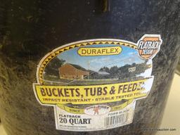 DURAFLEX HORSE FEED BUCKET WITH ASSORTED CONTENTS; DURAFLEX FLAT BACK 20 QT IMPACT RESISTANT BUCKET.