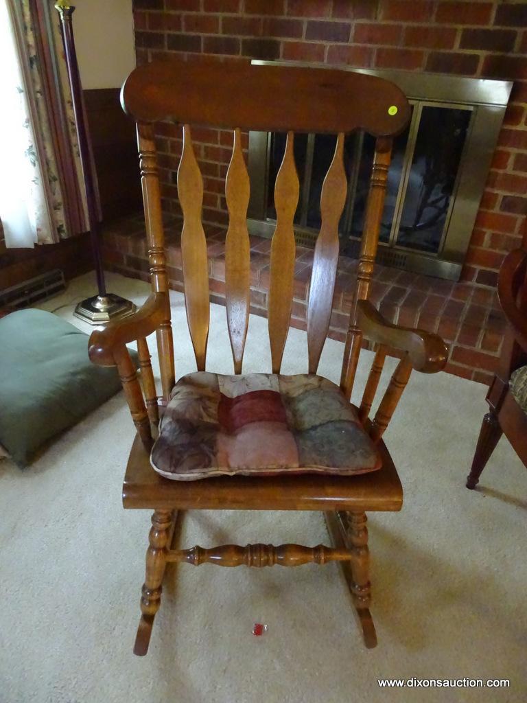 (MBR) VINTAGE HIGH BACK WOODEN ROCKING CHAIR; 4 SLAT BACK ROCKING CHAIR WITH SPINDLE POSTS, CURVED