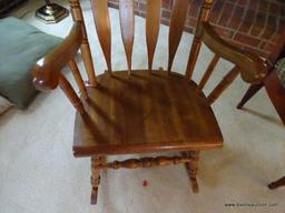 (MBR) VINTAGE HIGH BACK WOODEN ROCKING CHAIR; 4 SLAT BACK ROCKING CHAIR WITH SPINDLE POSTS, CURVED