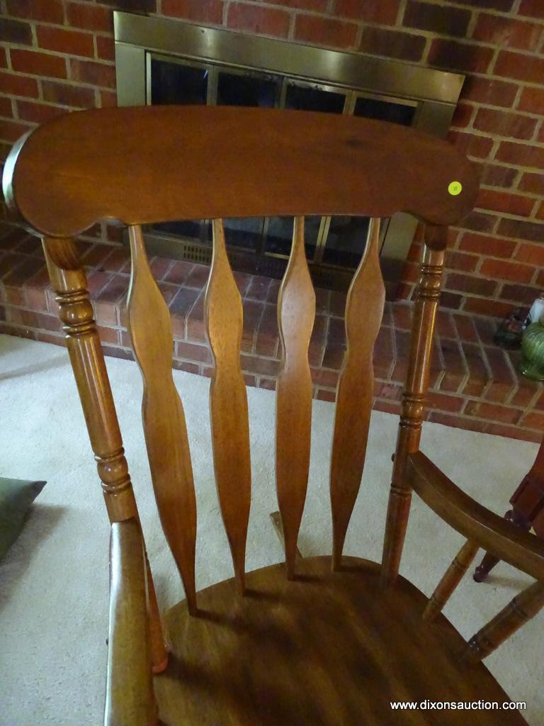 (MBR) VINTAGE HIGH BACK WOODEN ROCKING CHAIR; 4 SLAT BACK ROCKING CHAIR WITH SPINDLE POSTS, CURVED