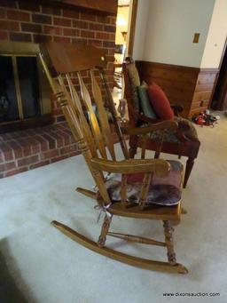 (MBR) VINTAGE HIGH BACK WOODEN ROCKING CHAIR; 4 SLAT BACK ROCKING CHAIR WITH SPINDLE POSTS, CURVED