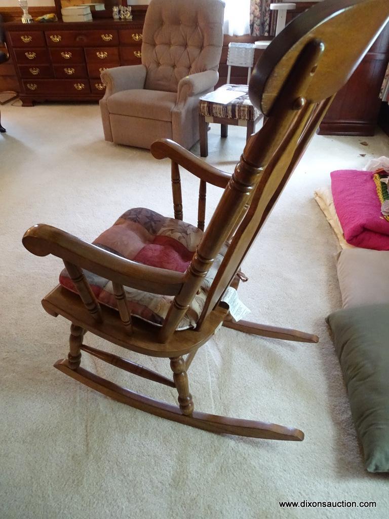 (MBR) VINTAGE HIGH BACK WOODEN ROCKING CHAIR; 4 SLAT BACK ROCKING CHAIR WITH SPINDLE POSTS, CURVED