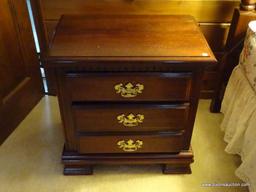 (MBR) MAHOGANY NIGHTSTAND; ONE OF A PAIR. THIS GHITSTAND HAS DENTIL MOLDING ALONG THE TOP, AND HAS 3