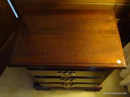 (MBR) MAHOGANY NIGHTSTAND; ONE OF A PAIR. THIS GHITSTAND HAS DENTIL MOLDING ALONG THE TOP, AND HAS 3