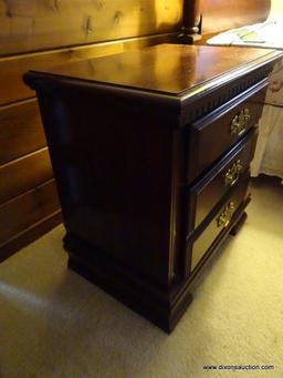 (MBR) MAHOGANY NIGHTSTAND; ONE OF A PAIR. THIS GHITSTAND HAS DENTIL MOLDING ALONG THE TOP, AND HAS 3