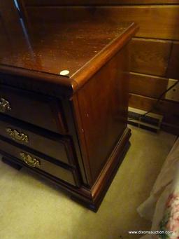 (MBR) MAHOGANY NIGHTSTAND; ONE OF A PAIR. THIS GHITSTAND HAS DENTIL MOLDING ALONG THE TOP, AND HAS 3