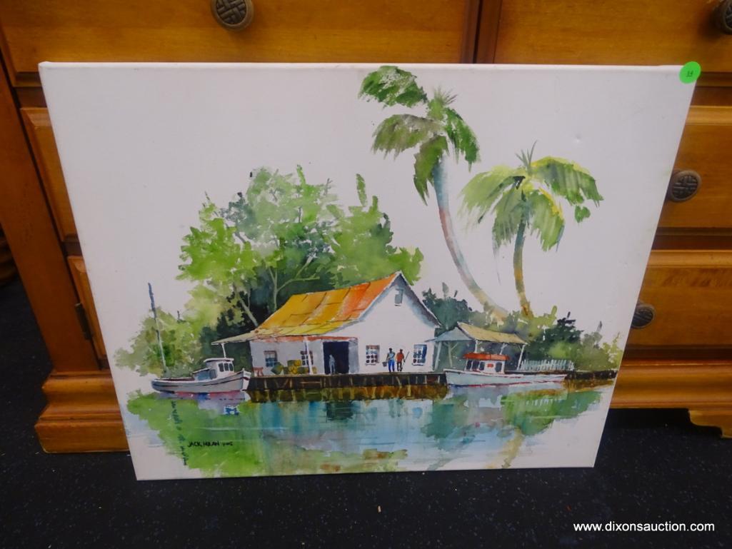 ORIGINAL JACK NOLAN WATERCOLOR; UNNAMED WATERCOLOR ON CANVAS PEOPLE ON THE DOCK OUTSIDE OF A