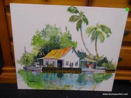 ORIGINAL JACK NOLAN WATERCOLOR; UNNAMED WATERCOLOR ON CANVAS PEOPLE ON THE DOCK OUTSIDE OF A