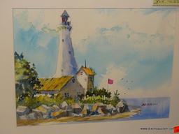 ORIGINAL JACK NOLAN WATERCOLOR; "MAINE LIGHTHOUSE" WATERCOLOR PAINTING SHOWING A LIGHTHOUSE ON A