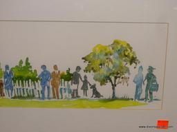 ORIGINAL JACK NOLAN WATERCOLOR; UNTITLED WATERCOLOR PAINTING SHOWING PEOPLE WITH THEIR PETS AND