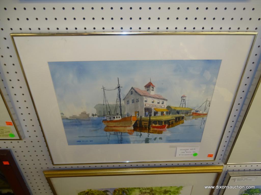 ORIGINAL JACK NOLAN WATERCOLOR; "GLOUCESTER MARINA" PAINTING SHOWING BOATS DOCKED AT THE MARINE IN