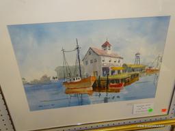 ORIGINAL JACK NOLAN WATERCOLOR; "GLOUCESTER MARINA" PAINTING SHOWING BOATS DOCKED AT THE MARINE IN