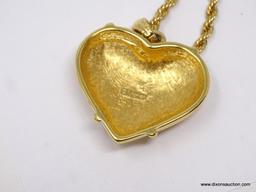 LADIES MONET GOLD TONE CHAIN WITH PENDANT; 36 IN GOLD TONE ROPE STYLE CHAIN WITH LARGE HEART SHAPED