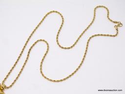 LADIES MONET GOLD TONE CHAIN WITH PENDANT; 36 IN GOLD TONE ROPE STYLE CHAIN WITH LARGE HEART SHAPED