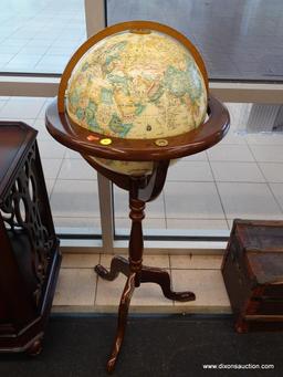 GLOBE ON STAND; GLOBE OF THE WORLD ON A MAHOGANY 3 LEGGED STAND. GLOBE IS REMOVABLE AND IS OVERALL