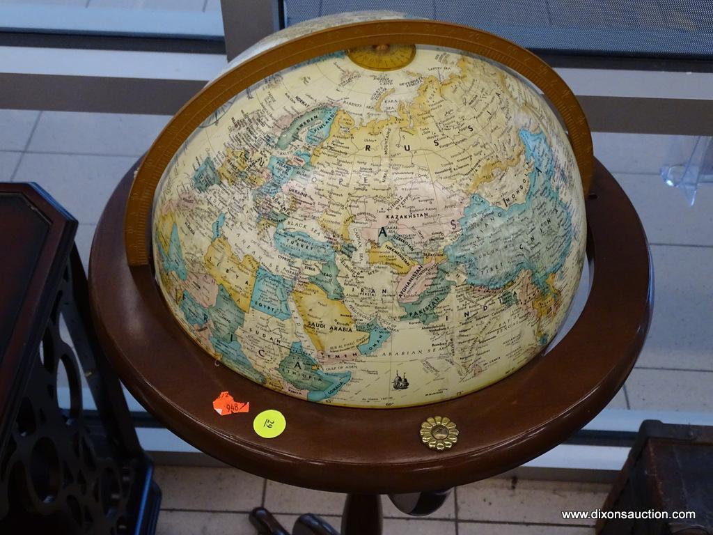 GLOBE ON STAND; GLOBE OF THE WORLD ON A MAHOGANY 3 LEGGED STAND. GLOBE IS REMOVABLE AND IS OVERALL