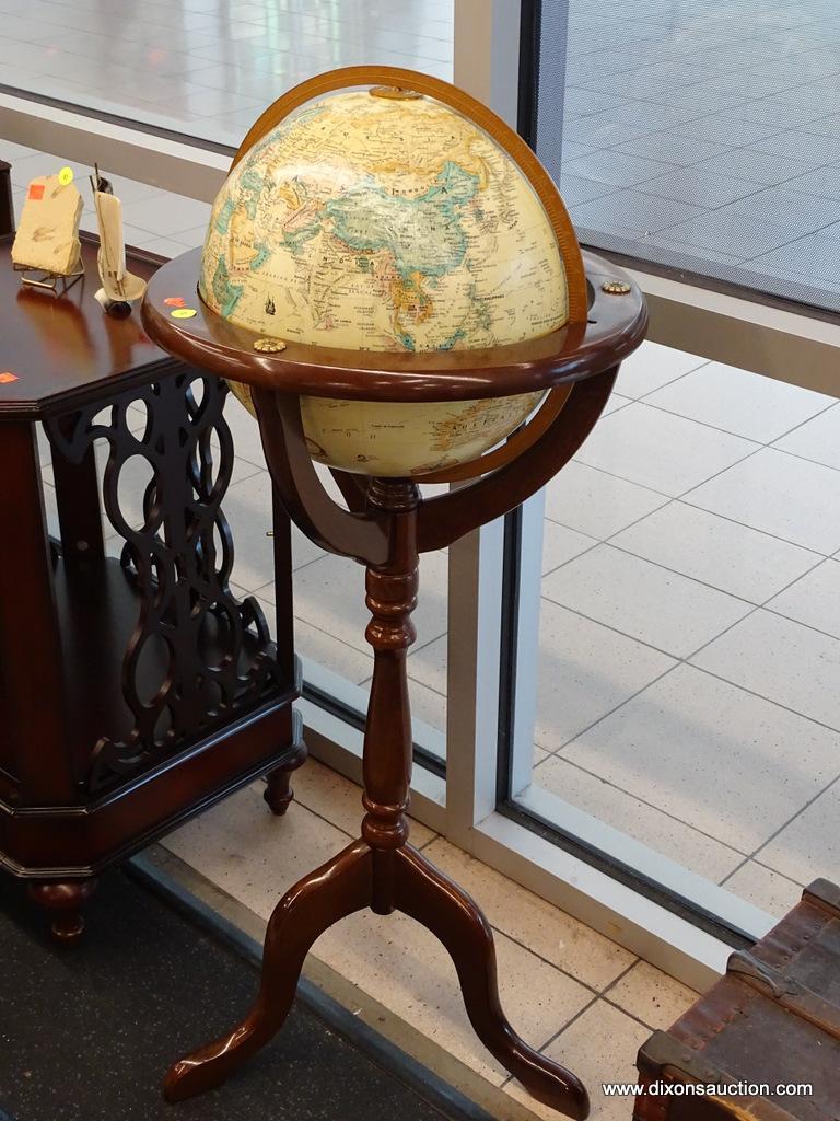 GLOBE ON STAND; GLOBE OF THE WORLD ON A MAHOGANY 3 LEGGED STAND. GLOBE IS REMOVABLE AND IS OVERALL